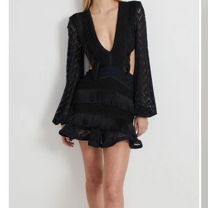 PatBO Black Deep V Long Sleeve Fringe Mini Dress